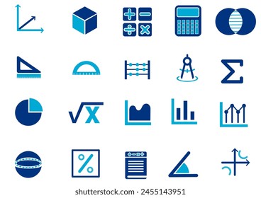 Mathematics icon set. Containing math, geometry, calculator, statistics, angle,  pie chart, calculation and more. Solid vector icons collection.