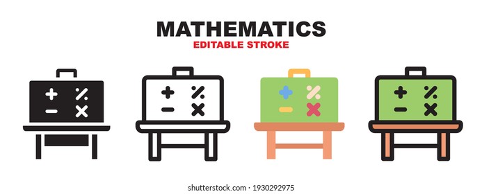 Mathematics icon set with different styles. Colored vector icons designed in filled, outline, flat, glyph and line colored. Editable stroke and pixel perfect. Can be used for web, mobile, ui and more.