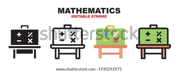 Mathematics icon set with different styles. Colored\
vector icons designed in filled, outline, flat, glyph and line\
colored. Editable stroke and pixel perfect. Can be used for web,\
mobile, ui and\
more.