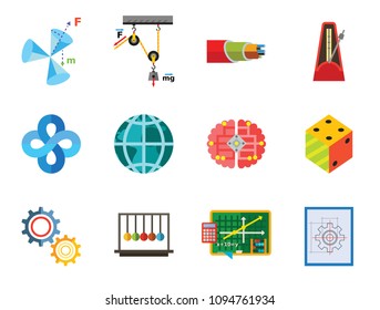 Mathematics Icon Set. Gear Wheel Drawing Metronome With Pendulum Collision Balls Globe Cubes Diagram Philosophy Symbol Logic Concept Algebra Cable Artificial Intelligence Gravity Force