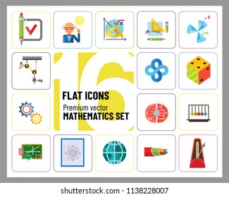 Mathematics Icon Set. Gear Wheel Drawing Metronome With Pendulum Collision Balls Globe Cubes Diagram Philosophy Symbol Logic Concept Algebra Cable Artificial Intelligence Gravity Force