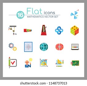 Mathematics Icon Set. Gear Wheel Drawing Metronome With Pendulum Collision Balls Globe Cubes Diagram Philosophy Symbol Logic Concept Algebra Cable Artificial Intelligence Gravity Force