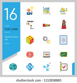 Mathematics Icon Set. Gear Wheel Drawing Metronome With Pendulum Collision Balls Globe Cubes Diagram Philosophy Symbol Logic Concept Algebra Cable Artificial Intelligence Gravity Force