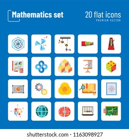 Mathematics Icon Set. Gear Wheel Drawing Metronome With Pendulum Collision Balls Globe Cubes Diagram Philosophy Symbol Logic Concept Algebra Cable Artificial Intelligence Gravity Force