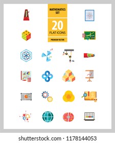 Mathematics Icon Set. Gear Wheel Drawing Metronome With Pendulum Collision Balls Globe Cubes Diagram Philosophy Symbol Logic Concept Algebra Cable Artificial Intelligence Gravity Force