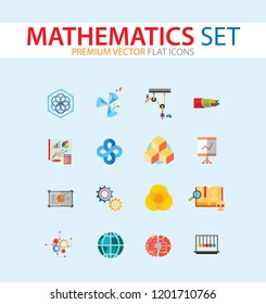 Mathematics Icon Set. Gear Wheel Drawing Metronome With Pendulum Collision Balls Globe Cubes Diagram Philosophy Symbol Logic Concept Algebra Cable Artificial Intelligence Gravity Force