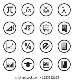 Mathematics Icons. Black Flat Design In Circle. Vector Illustration.