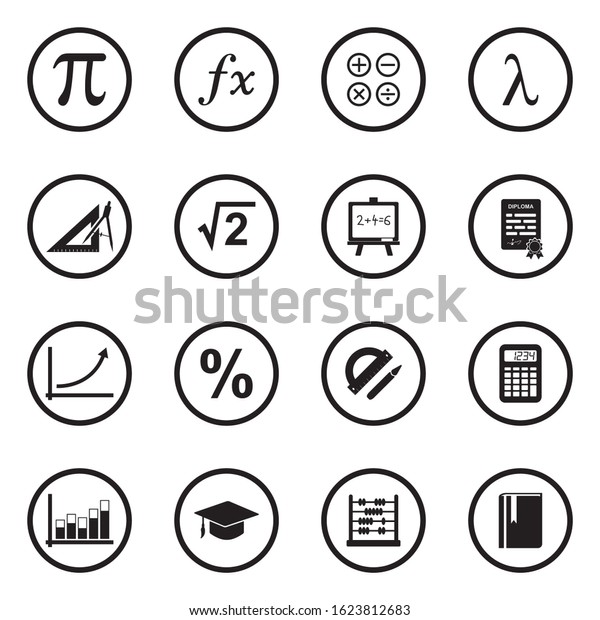 Mathematics Icons. Black Flat Design In\
Circle. Vector\
Illustration.