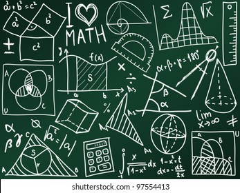 Mathematics icons and formulas on the school board - illustration