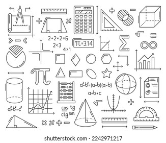 Mathematische Symbole. Geometry Würfel, Kegel- und Kugel-Figuren, Algebra-Formeln, Infografik-Grafiken und Protraktor, Lineal-, Kompass-Mathematik-Tools umreißen Vektorsymbole oder Bildungs-Symbole