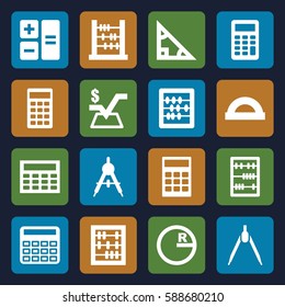 mathematics icons set. Set of 16 mathematics filled icons such as compass, calculator, abacus, mathematical square, calclator, protractor, triangle