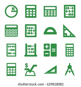 Mathematics icons set. set of 16 mathematics filled icons such as compass, calculator, abacus, mathematical square, ruler, calclator, protractor, triangle
