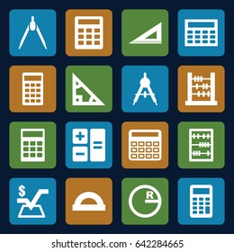 Mathematics icons set. set of 16 mathematics filled icons such as compass, calculator, mathematical square, ruler, abacus 