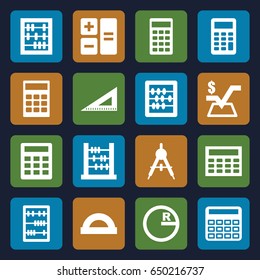 Mathematics icons set. set of 16 mathematics filled icons such as compass, calculator, abacus, mathematical square, ruler, calclator, protractor