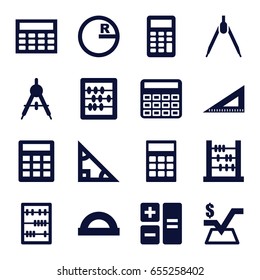 Mathematics icons set. set of 16 mathematics filled icons such as compass, calculator, abacus, mathematical square, ruler, calclator, protractor, triangle