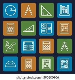 mathematics icons set. Set of 16 mathematics outline icons such as compass, calculator, abacus, mathematical square, ruler, protractor, triangle
