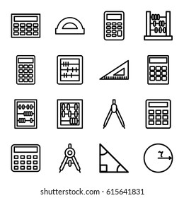 Mathematics icons set. set of 16 mathematics outline icons such as compass, calculator, abacus, ruler, protractor, triangle, circle