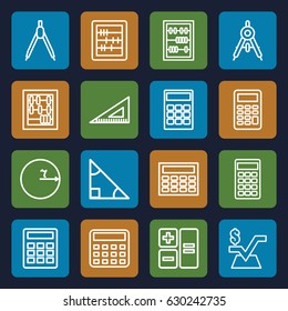 Mathematics icons set. set of 16 mathematics outline icons such as compass, calculator, abacus, mathematical square, ruler, triangle, circle