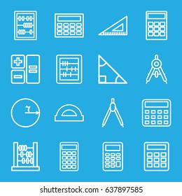 Mathematics icons set. set of 16 mathematics outline icons such as compass, calculator, abacus, ruler, protractor, triangle, circle