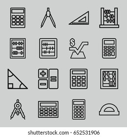 Mathematics icons set. set of 16 mathematics outline icons such as compass, abacus, mathematical square, ruler, calculator, protractor, triangle