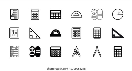 Mathematics icons. set of 18 editable filled and outline mathematics icons: calculator, calclator, compass, abacus, protractor, triangle