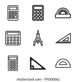 Mathematics icons. set of 9 editable outline mathematics icons such as calculator, ruler, protractor, compass
