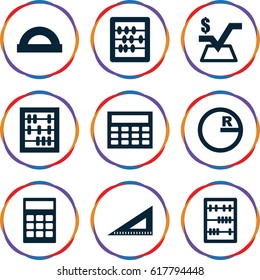 Mathematics icons set. set of 9 mathematics filled icons such as abacus, mathematical square, ruler, calclator, protractor, calculator