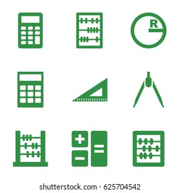 Mathematics icons set. set of 9 mathematics filled icons such as abacus, ruler, calculator, compass