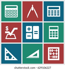 Mathematics icons set. set of 9 mathematics filled icons such as calculator, mathematical square, ruler, calclator, compass, abacus