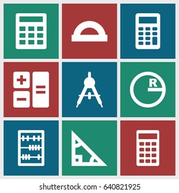 Mathematics icons set. set of 9 mathematics filled icons such as compass, calculator, abacus, protractor, triangle