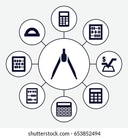 Mathematics icons set. set of 9 mathematics filled icons such as calculator, abacus, mathematical square, protractor