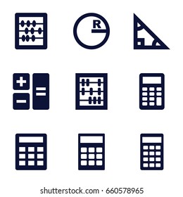 Mathematics icons set. set of 9 mathematics filled icons such as abacus, calculator, triangle