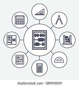 mathematics icons set. Set of 9 mathematics outline icons such as calculator, abacus, ruler, protractor