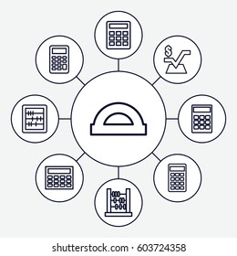 Mathematics icons set. set of 9 mathematics outline icons such as abacus, mathematical square, calculator, protractor