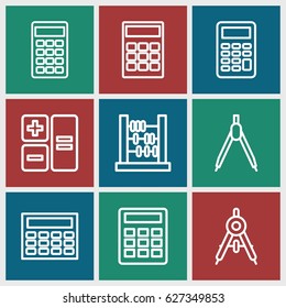 Mathematics icons set. set of 9 mathematics outline icons such as compass, calculator, abacus