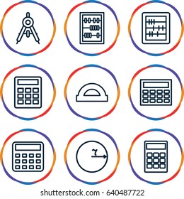 Mathematics icons set. set of 9 mathematics outline icons such as compass, calculator, abacus, protractor, circle