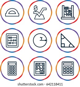 Mathematics icons set. set of 9 mathematics outline icons such as abacus, mathematical square, calculator, protractor, triangle