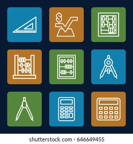 Mathematics icons set. set of 9 mathematics outline icons such as compass, calculator, mathematical square, ruler