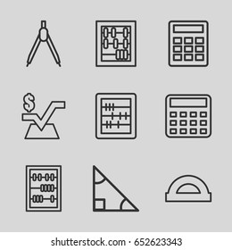 Mathematics icons set. set of 9 mathematics outline icons such as calculator, abacus, mathematical square, protractor, compass