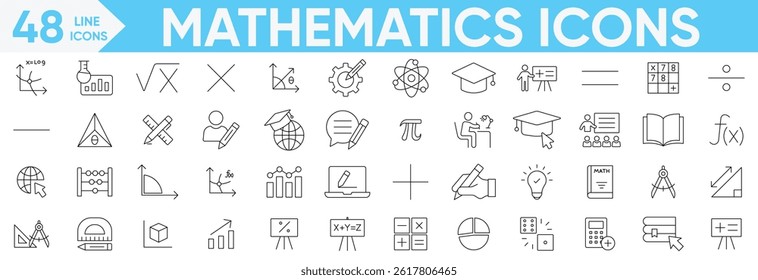 Mathematics icons set.geometry, calculator, statistics, angle, equations, academic, textbook, resources, education, Accounting, pie chart, calculation and more.Vector and illustrator set.