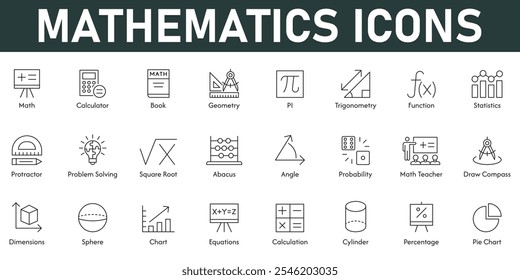 Mathematics Icons vector illustration with thin line editable stroke containing calculator geometry statistics function angle chart dimensions percentage book probability square root abacus