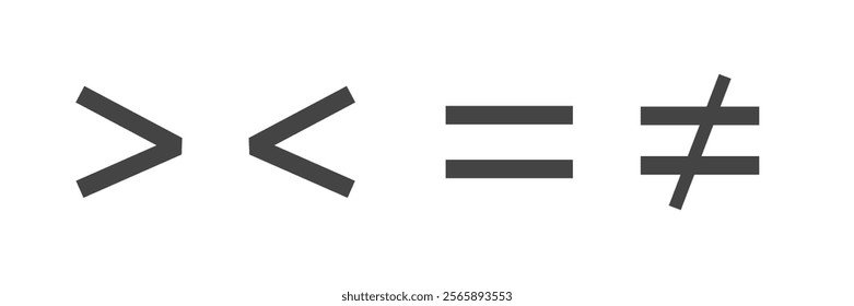 Mathematics Inequality Symbols. Formula for use Greater than, less than and equal icon. Vector