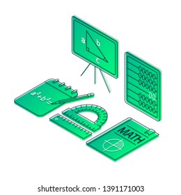 Mathematics isometric color illustration. Geometry and algebra linear icons infographic. Math school subject 3d concept. Drafting tools, textbook, abacus, whiteboard. Gradient isolated design elements