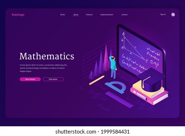 Mathematics isometric landing page. Math science education digital concept. Tiny male student character in school class stand at huge tablet pc with formula on screen and books. 3d vector web banner