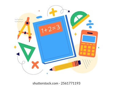 Mathematics Learning Vector Illustration Featuring School Supplies or Stationery with Mathematical Equations, Formulas, and Symbols in a Background