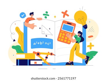 Mathematics Learning Vector Illustration Featuring School Supplies or Stationery with Mathematical Equations, Formulas, and Symbols in a Background