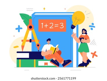 Mathematics Learning Vector Illustration Featuring School Supplies or Stationery with Mathematical Equations, Formulas, and Symbols in a Background