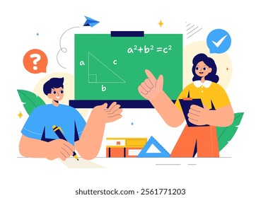 Mathematics Learning Vector Illustration Featuring School Supplies or Stationery with Mathematical Equations, Formulas, and Symbols in a Background