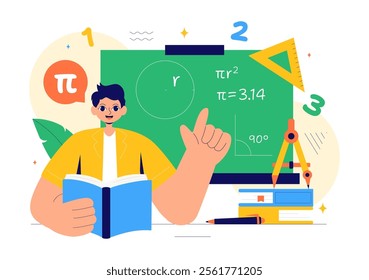 Mathematics Learning Vector Illustration Featuring School Supplies or Stationery with Mathematical Equations, Formulas, and Symbols in a Background