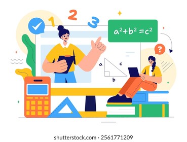 Mathematics Learning Vector Illustration Featuring School Supplies or Stationery with Mathematical Equations, Formulas, and Symbols in a Background